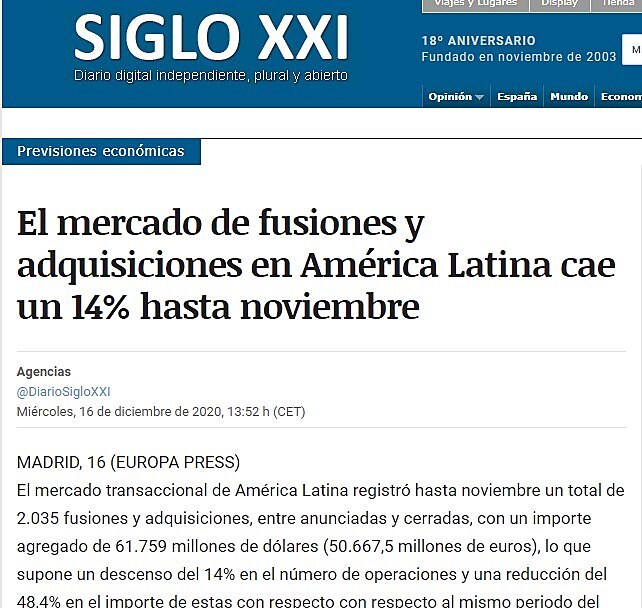 El mercado de fusiones y adquisiciones en Amrica Latina cae un 14% hasta noviembre